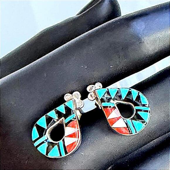 VTG LAAHTY Zuni Handmade Turquoise Multi-Stone Silver 925 Channel Inlay Earrings - Picture 7 of 7